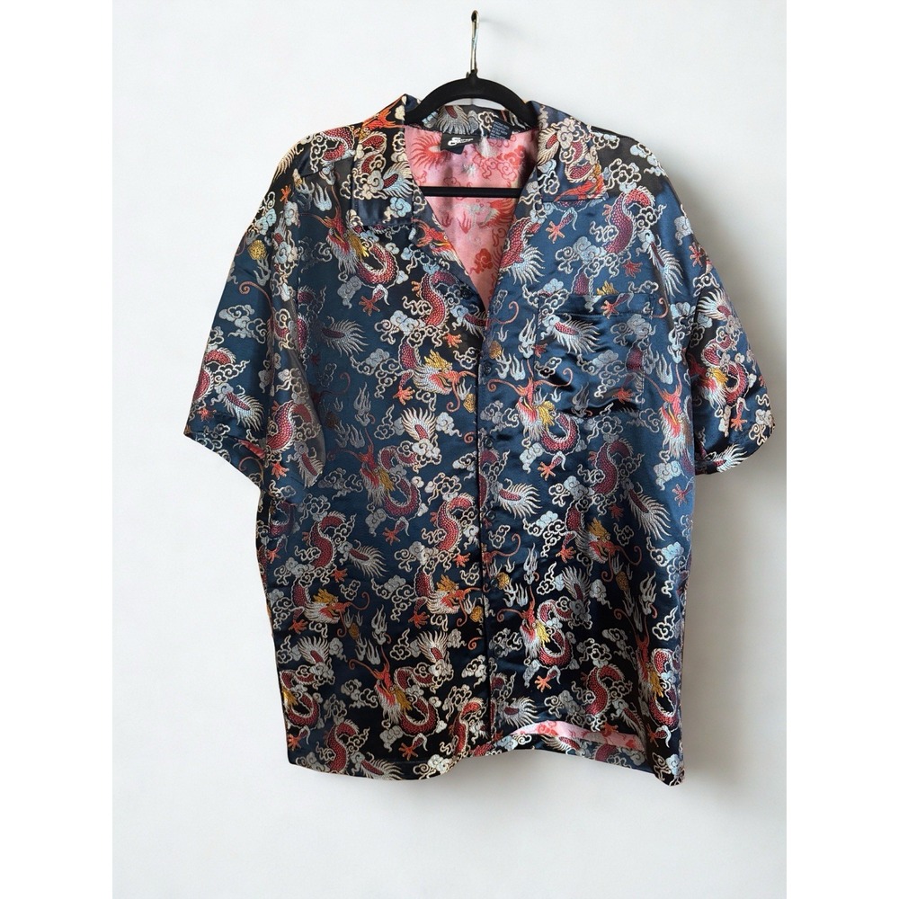 Clubbing Chinese dragon red satin Shirt Short sleeve mens XL street culture Club
